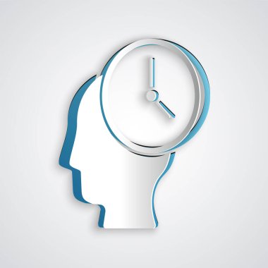 Kağıt kesiği Zaman yönetim simgesi gri arkaplanda izole edildi. Saat ve vites tabelası. Üretkenlik sembolü. Kağıt sanatı tarzı. Vektör