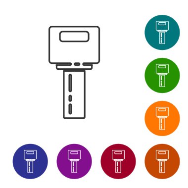 Beyaz arkaplanda izole edilmiş siyah çizgili araba anahtarı. Araba anahtarı ve alarm sistemi. Simgeleri renk daire düğmelerine ayarla. Vektör