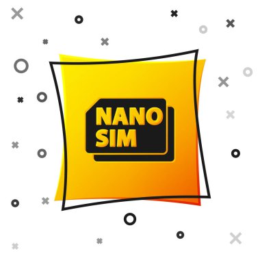Siyah Nano Sim Kart simgesi beyaz arkaplanda izole edildi. Mobil ve kablosuz iletişim teknolojileri. Ağ çipi elektronik bağlantısı. Sarı kare düğme. Vektör