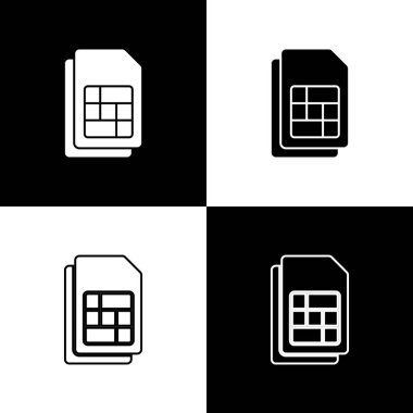Sim kart simgesini siyah ve beyaz arkaplanda izole et. Cep telefonu sim kart çipi. Mobil telekomünikasyon teknolojisi sembolü. Vektör