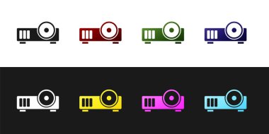 Sunum, film, film, medya projektör simgesi siyah ve beyaz arkaplanda izole edildi. Vektör