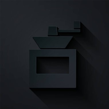 Kağıt kesiği El yapımı kahve öğütücü simgesi siyah arka planda izole edilmiş. Kağıt sanatı tarzı. Vektör