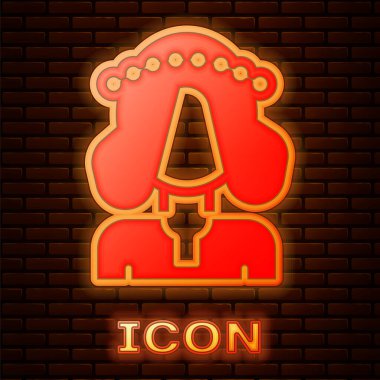 Parlayan neon renkli Ukraynalı kadın, geleneksel kıyafet ikonu ile tuğla duvar arkasında izole edilmiş. Vektör