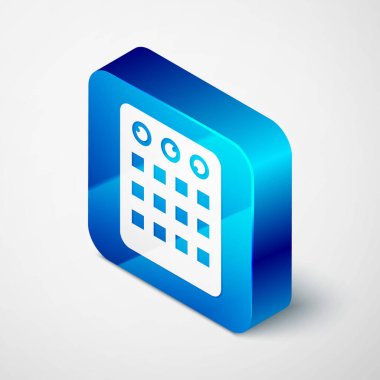 Isometric Drum makinesi simgesi gri arkaplanda izole edildi. Müzik aletleri. Mavi kare düğme. Vektör