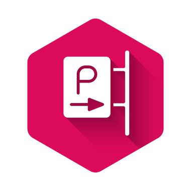 Beyaz Park simgesi uzun gölge arkaplanı ile izole edildi. Sokak tabelası. Pembe altıgen düğmesi. Vektör