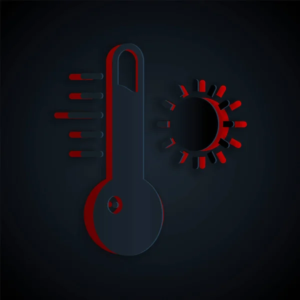 Papier découpé Thermomètre météorologique icône de mesure isolé sur fond noir. Équipement de thermomètre montrant le temps chaud ou froid. Style art du papier. Illustration vectorielle — Image vectorielle