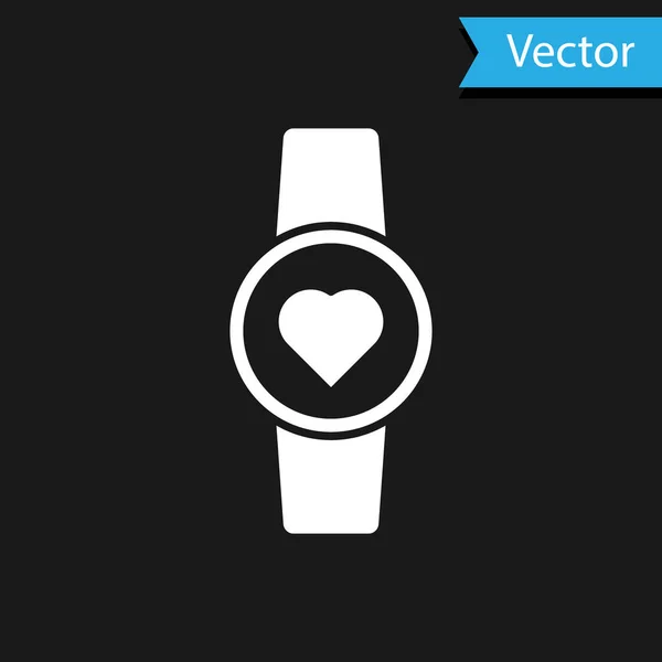 Weiße Smartwatch mit Herzfrequenzsymbol isoliert auf schwarzem Hintergrund. Fitness App-Konzept. Vektorillustration — Stockvektor