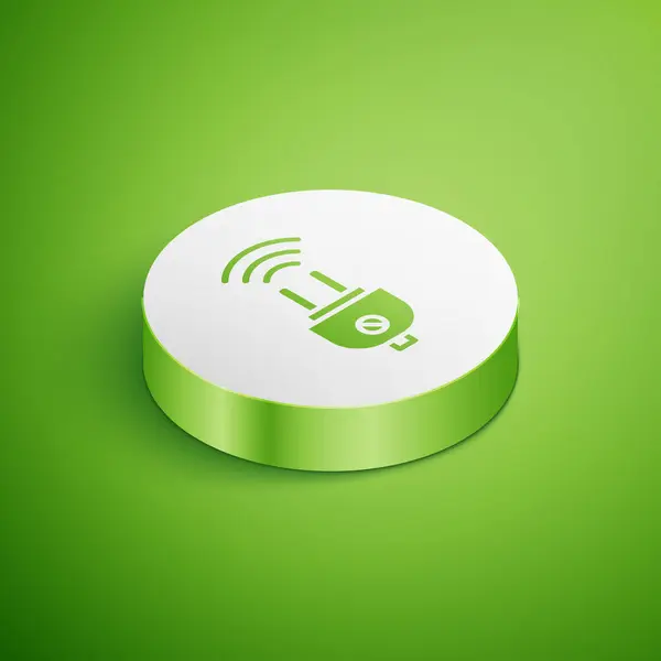 Isometric Smart electric plug system icon isolated on green background. Internet of things concept with wireless connection. White circle button. Vector — Stock vektor