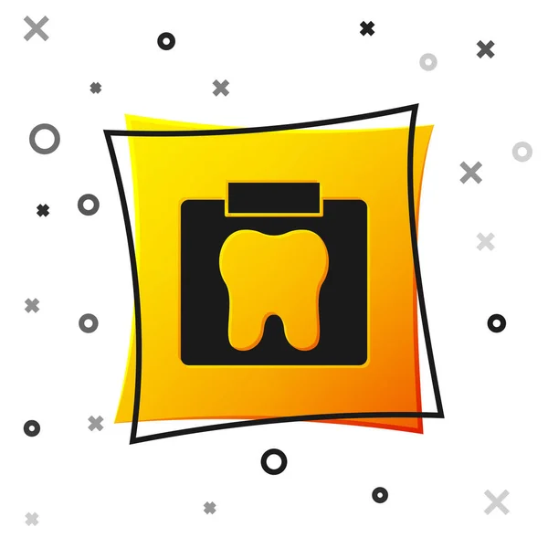 Black X-ray of tooth icon isolated on white background. Dental x-ray. Radiology image. Yellow square button. Vector — Stockvector
