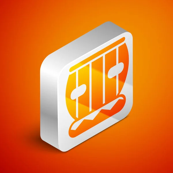 Isometric Indian musical instrument tabla icon isolated on orange background. Silver square button. Vector