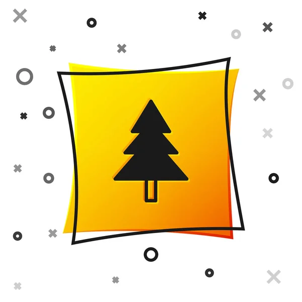 Черная икона елки выделена на белом фоне. С Рождеством и Новым годом. Желтая квадратная кнопка. Вектор — стоковый вектор