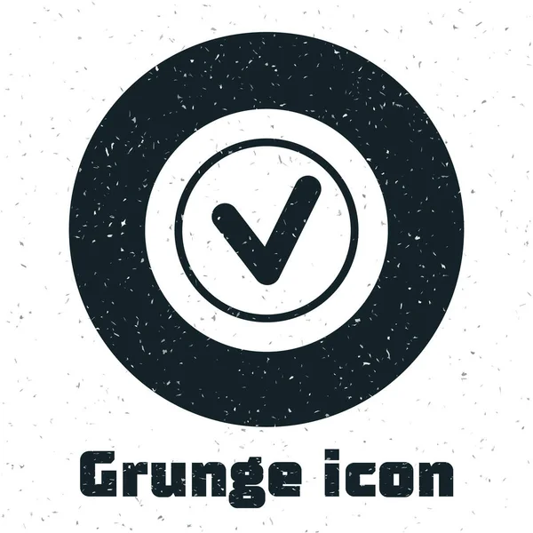 Grunge Check mark in round icon isolated on white background. Check list button sign. Monochrome vintage drawing. Vector — Stockvektor