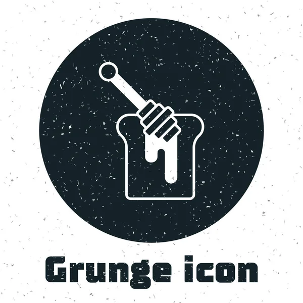 Grunge Honey dipper palo con goteo icono de miel aislado sobre fondo blanco. Cuchara de miel. Dibujo vintage monocromo. Vector — Vector de stock