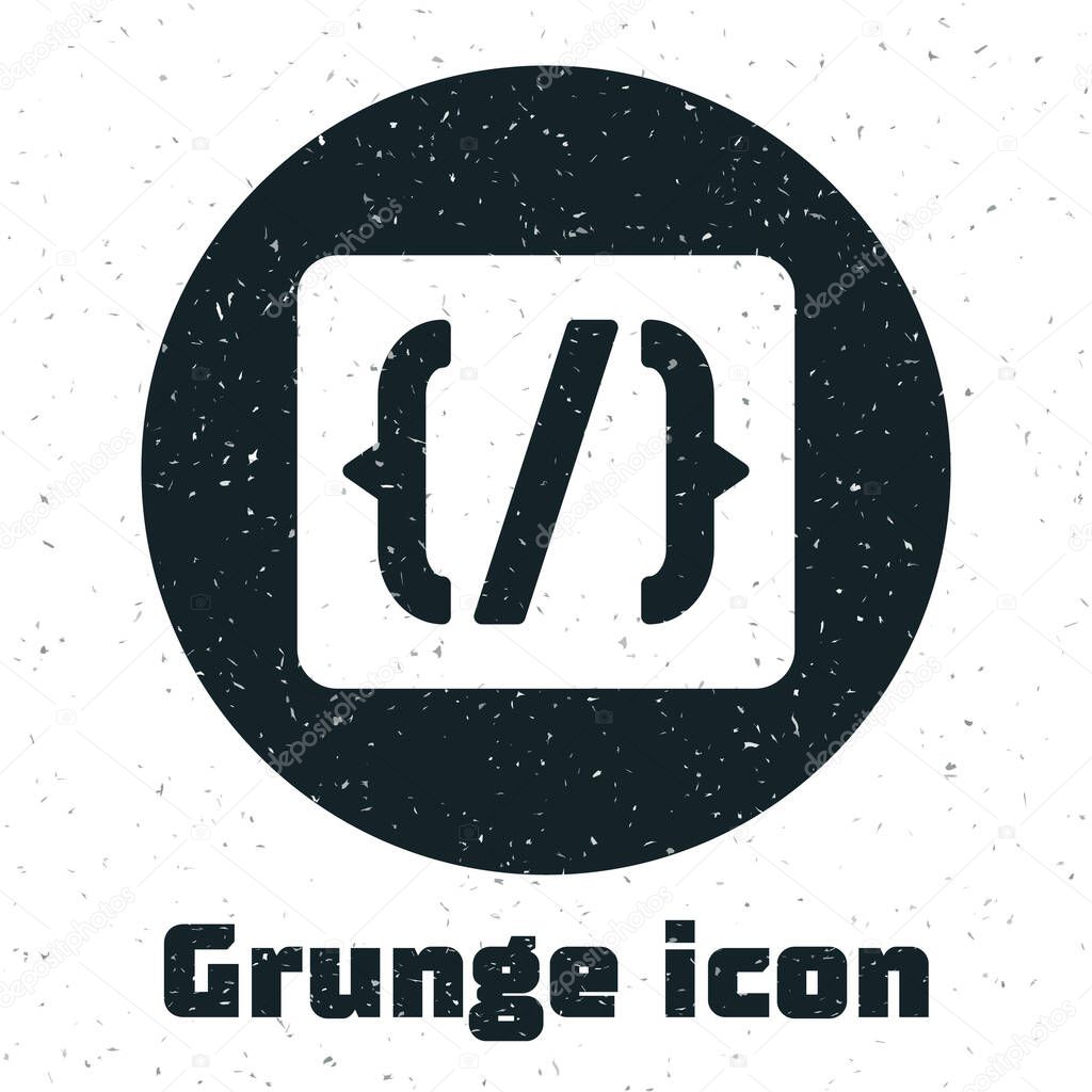 Grunge Programming language syntax icon isolated on white background. Syntax programming file system. Monochrome vintage drawing. Vector