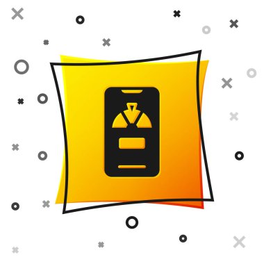 Telefon ikonunda siyah şanslı tekerlek beyaz arka planda izole edilmiş. Sarı kare düğme. Vektör