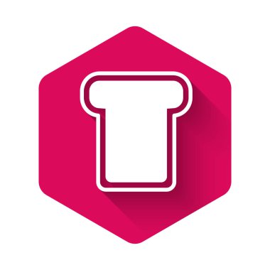 Uzun gölgeli izole edilmiş kızarmış kızarmış ekmek ikonu için beyaz ekmek tostu. Öğle yemeği, akşam yemeği, kahvaltı atıştırmalığı. Pembe altıgen düğmesi. Vektör