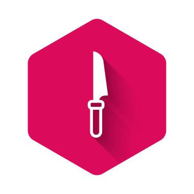 Beyaz Bıçak simgesi uzun gölge arkaplanı ile izole edildi. Çatal bıçak sembolü. Pembe altıgen düğmesi. Vektör