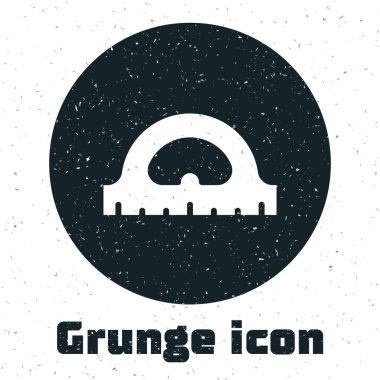Grunge Protractor ızgarası beyaz arkaplanda izole edilmiş derece simgesini ölçmek için. Eğim ölçer. Ölçme aleti. Geometrik sembol. Tek renkli klasik çizim. Vektör