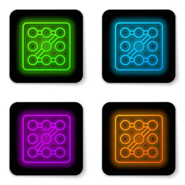 Parlayan neon hattı Grafik şifre koruması ve beyaz arkaplanda izole edilmiş güvenlik erişim simgesi. Güvenlik, güvenlik, koruma, gizlilik kavramı. Siyah kare düğme. Vektör