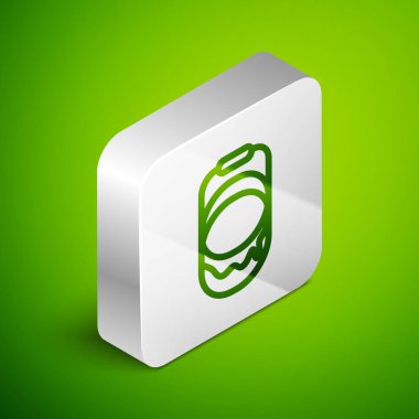 Isometric çizgi boya kova ikonu yeşil arka planda izole. Gümüş kare düğme. Vektör