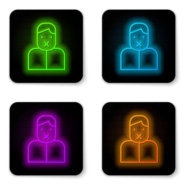 Parlayan neon hattı sansür ve konuşma özgürlüğü konsepti simgesi beyaz arka planda izole edildi. Medya mahkumu ve insan hakları kavramı. Bağlı ağız. Siyah kare düğme. Vektör
