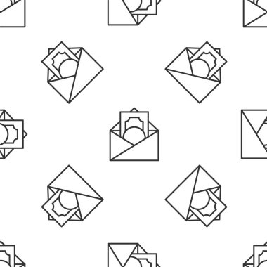 Bozuk para sembollü gri çizgi zarfı beyaz arka planda izole edilmiş kusursuz desen. Maaş zammı, maaş bordrosu, tazminat geliri. Vektör