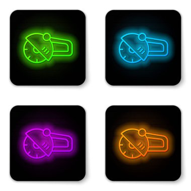 Parlayan neon çizgisi açılı öğütücü simgesi beyaz arkaplanda izole edildi. Siyah kare düğme. Vektör