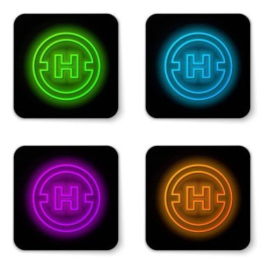 Parlayan neon hattı helikopter iniş pisti simgesi beyaz arkaplanda izole edildi. Helikopter pisti, alan, platform, H harfi. Siyah kare düğme. Vektör