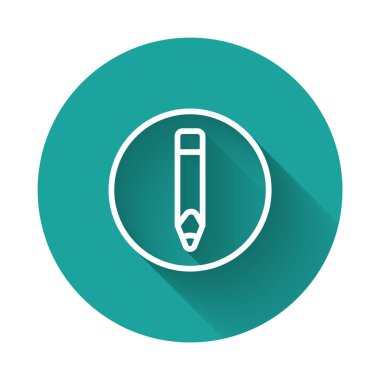 Beyaz çizgi kalem simgesi uzun gölge arkaplan izole. Çizim ve eğitim araçları. Okul sembolü. Yeşil daire düğmesi. Vektör