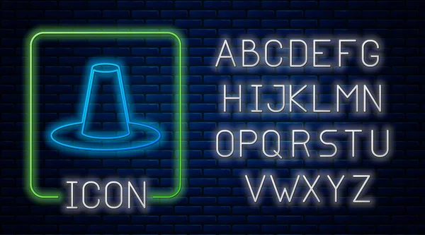 Glowing neon Traditional korean hat icon isolated on brick wall background. Neon light alphabet. Vector — Stockvektor