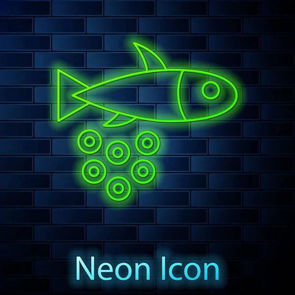Línea de neón brillante Pescado con icono de caviar aislado en el fondo de la pared de ladrillo. Vector. — Archivo Imágenes Vectoriales