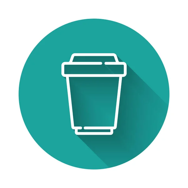 Linea bianca Tazza da caffè per andare icona isolata con lunga ombra. Pulsante cerchio verde. Vettore — Vettoriale Stock