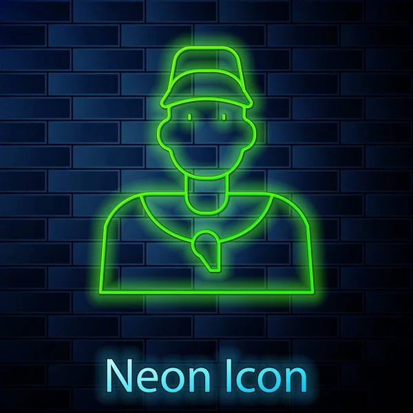 Glowing neon line Baseball coach icon isolated on brick wall background. Vector — Image vectorielle