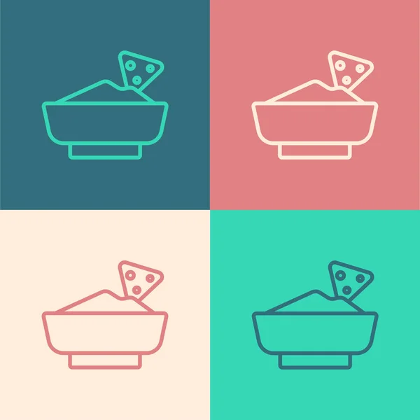 Pop-Art-Linie Nachos in Schüssel-Symbol isoliert auf farbigem Hintergrund. Tortilla Chips oder Nachos Tortillas. Traditionelles mexikanisches Fast Food Menü. Vektor — Stockvektor