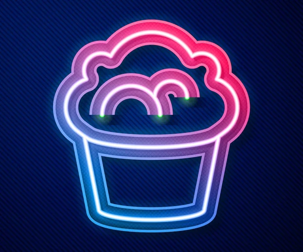 Glowing neon line Muffin icon isolated on blue background. Vector — Stockvektor