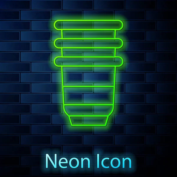 Ligne lumineuse néon Icône en verre de papier isolé sur fond de mur de briques. Un verre de soda. Symbole de boisson fraîche froide. Vecteur — Image vectorielle