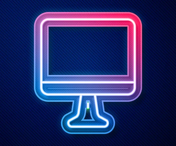 Icono de pantalla de monitor de computadora en línea de neón brillante aislado sobre fondo azul. Dispositivo electrónico. Vista frontal. Vector — Vector de stock