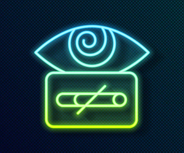 Glowing neon line Hypnosis icon isolated on black background. Human eye with spiral hypnotic iris. Vector — Stock Vector