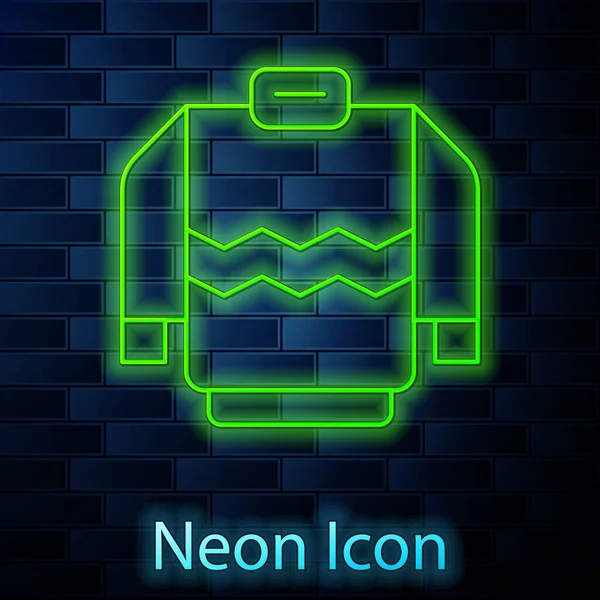 Glowing neon line Sweater icon isolated on brick wall background. Pullover icon. Sweatshirt sign. Vector — Vetor de Stock