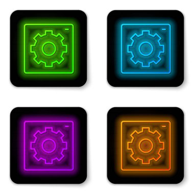 Parlayan neon hattı beyaz arkaplanda izole edilmiş simge ayarlıyor. Aletler, servis, dişli, dişli, çark işareti. Siyah kare düğme. Vektör