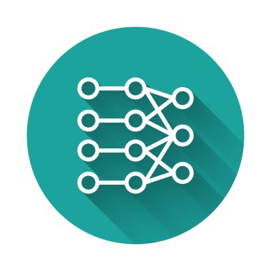 Beyaz çizgi sinirsel ağ simgesi uzun gölge arkaplanı ile izole edildi. Yapay zeka yapay zekası. Yeşil daire düğmesi. Vektör