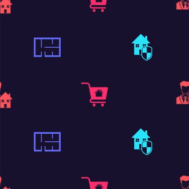 House 'u koruma altına alın, plan, alışveriş arabası, ev ve emlakçı sorunsuz bir düzene sokun. Vektör