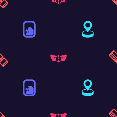 Konum, uçak penceresi, hava amblemi ve uçak bileti ayarlayın. Vektör