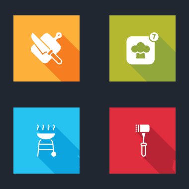 Kesme tahtası ve bıçak, şef şapkası, ızgara ızgara ve mutfak çekiç ikonu. Vektör