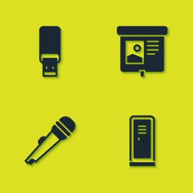 USB flaş bellek, dolap ya da soyunma odası, mikrofon ve projeksiyon ekran simgesini ayarla. Vektör
