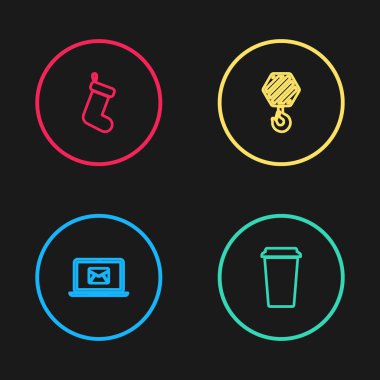 Dizüstü bilgisayar, zarf, kahve fincanı, endüstriyel kanca ve Noel çorabı ikonu. Vektör