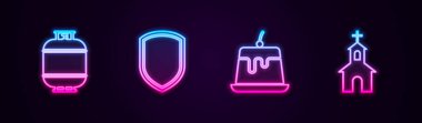 Propan gazı deposu, kalkan, puding kreması ve kilise binası. Parlayan neon ikonu. Vektör