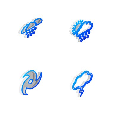 Isometric hattını kar, yağmur, güneş ve Kasırga ve Fırtına ikonu ile ayarla. Vektör