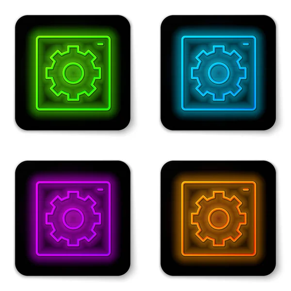 Glowing neon line Setting icon isolated on white background. Tools, service, cog, gear, cogwheel sign. Black square button. Vector — Stock Vector
