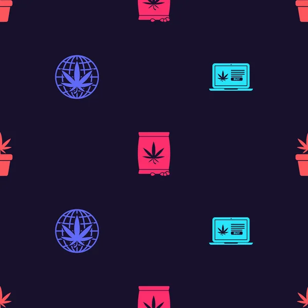 Set Online buying marijuana, Legalize, Marijuana or cannabis seeds and plant pot on seamless pattern. Vector — стоковый вектор